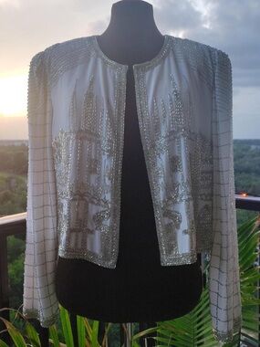 Neiman Marcus (Blacktie) White Evening Jacket with Silver Beaded Beadwork
